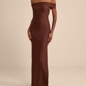 Lulus Chastain Brown Ponte Knit Off-the-shoulder Maxi Dress - Size M